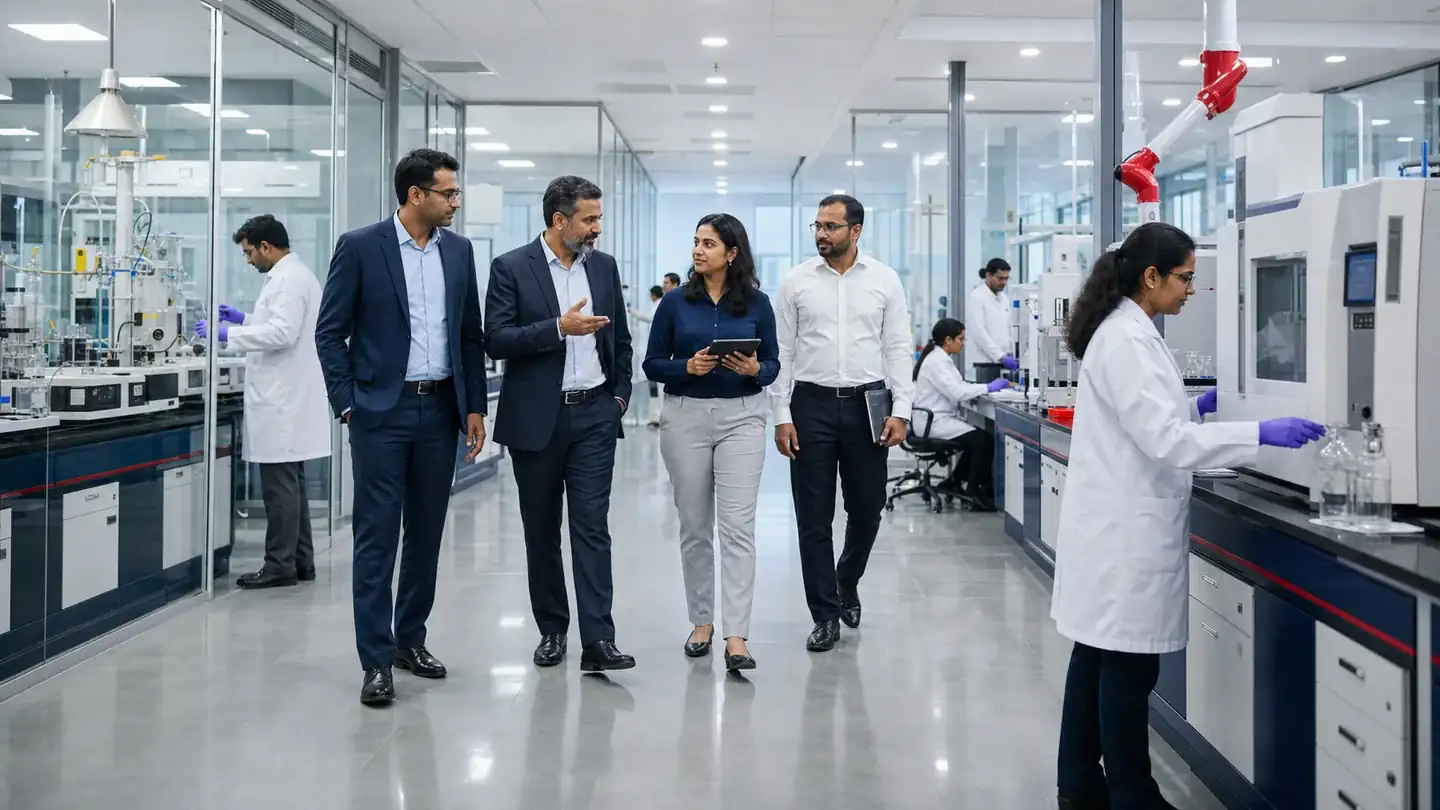 Analysts and technical staff working in a laboratory with testing instruments
